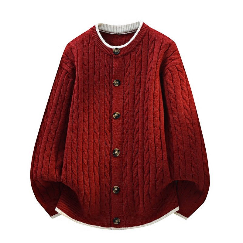 Damen Oversize Zopfstrick-Cardigan mit Rundhalsausschnitt, Holzknopfleiste & Kontrastbesatz Echoarchiv