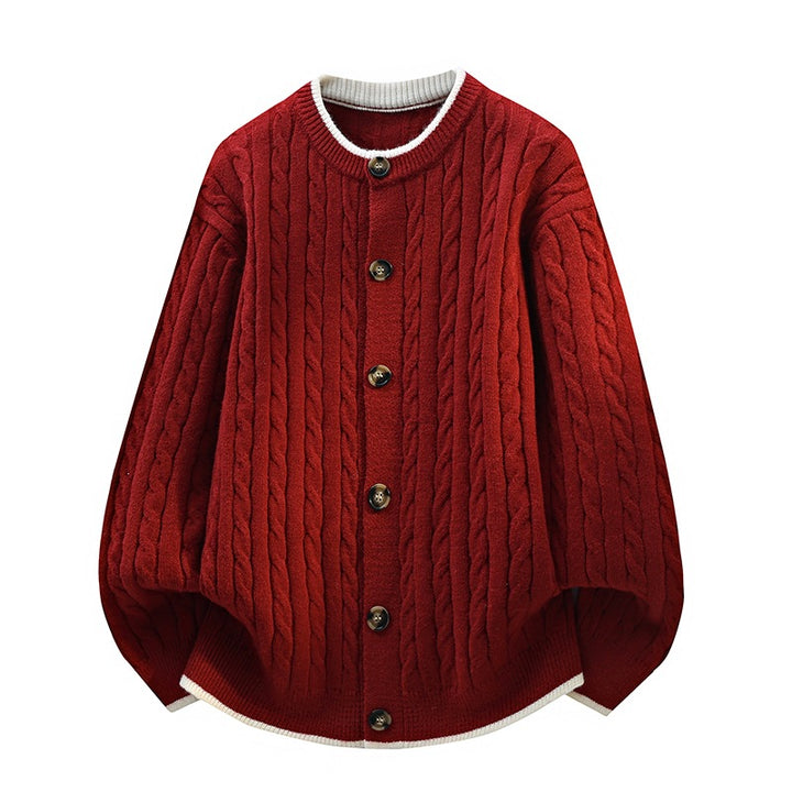 Damen Oversize Zopfstrick-Cardigan mit Rundhalsausschnitt, Holzknopfleiste & Kontrastbesatz Echoarchiv