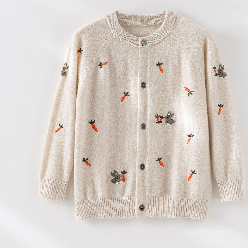 Damen Geknöpfte Feinstrick‑Cardigan mit Hasen‑ und Karottenstickerei Echoarchiv