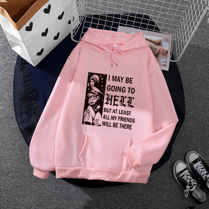 Damen weitgeschnittener Kapuzenpullover mit Gothic-Statementprint und Kängurutasche – Auréline