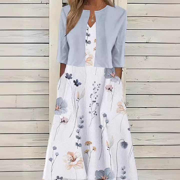 Damen nan Maxikleid mit separatem Bolero, V-Ausschnitt, Eingrifftaschen und floraler A-Linien-Silhouette Echo Archiv