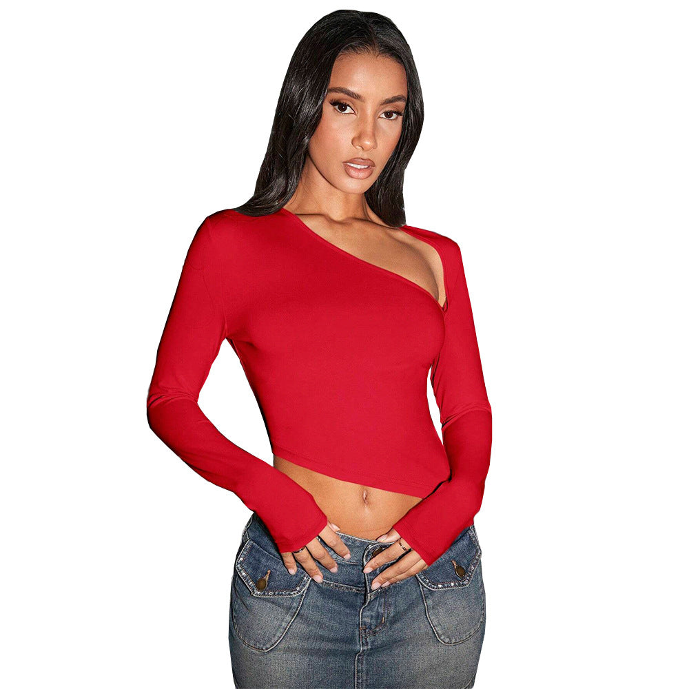 Damen asymmetrisches Langarm-Cropped-Top mit Ein-Schulter-Detail und sculptender Passform – Avérine