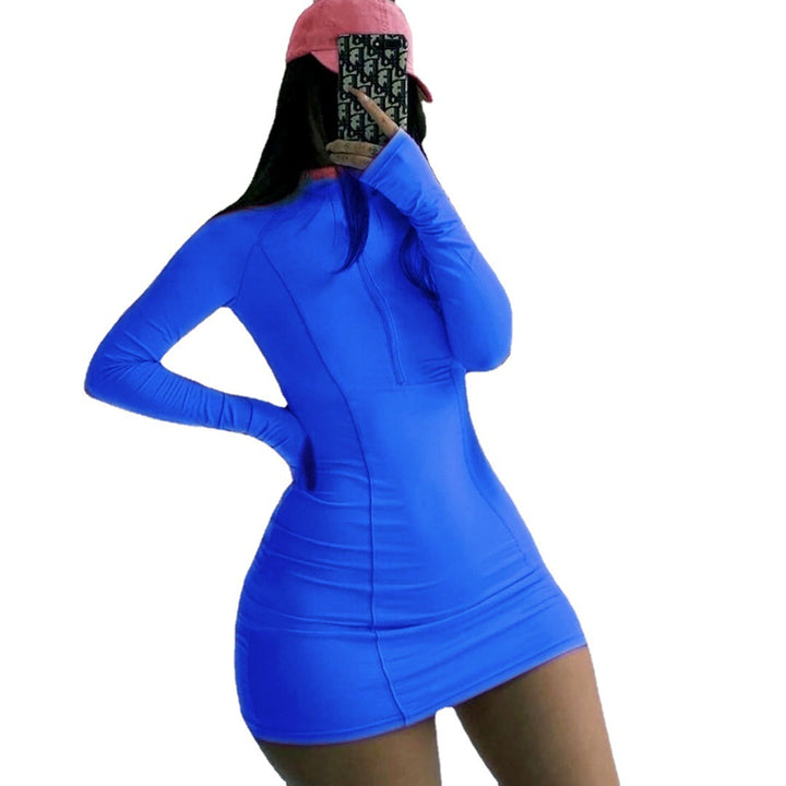 Damen Figurbetontes Langarm-Minikleid mit Stehkragen und Frontreißverschluss Echoarchiv