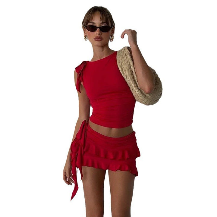 Damen Crop-Top und Miniröckchen Set im eleganten Rüschendesign Echo Archiv