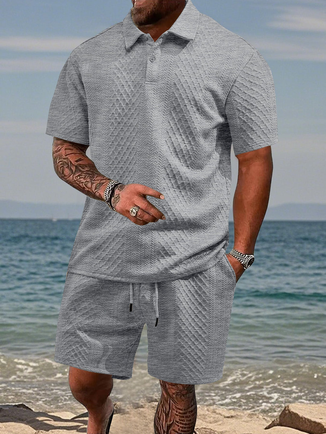 Herren nan geprägtes Strand-Ensemble mit offenem Kurzarm-Hemd und Kordel-Bermuda Echoarchiv