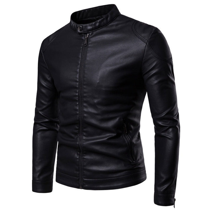 Herren Schlanke Kunstleder-Bikerjacke mit Stehkragen und verdecktem Reißverschluss – Taviero