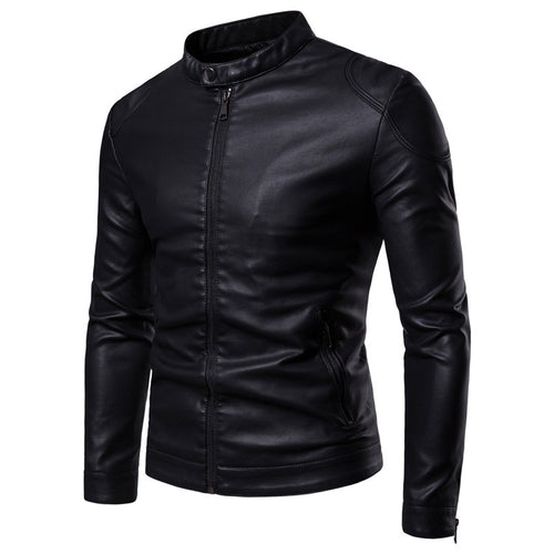 Herren Schlanke Kunstleder-Bikerjacke mit Stehkragen und verdecktem Reißverschluss – Taviero