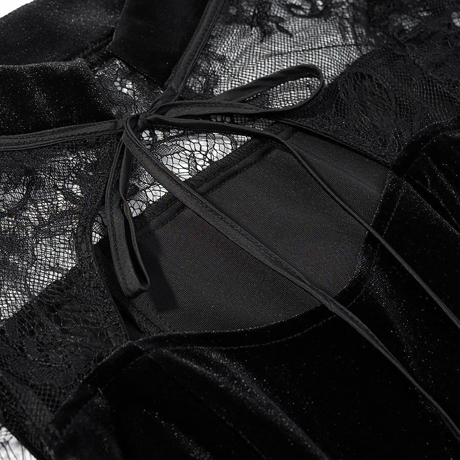 Damen Abendkleid mit transparenten Spitzenärmel und Rüschensaum Echo Archiv