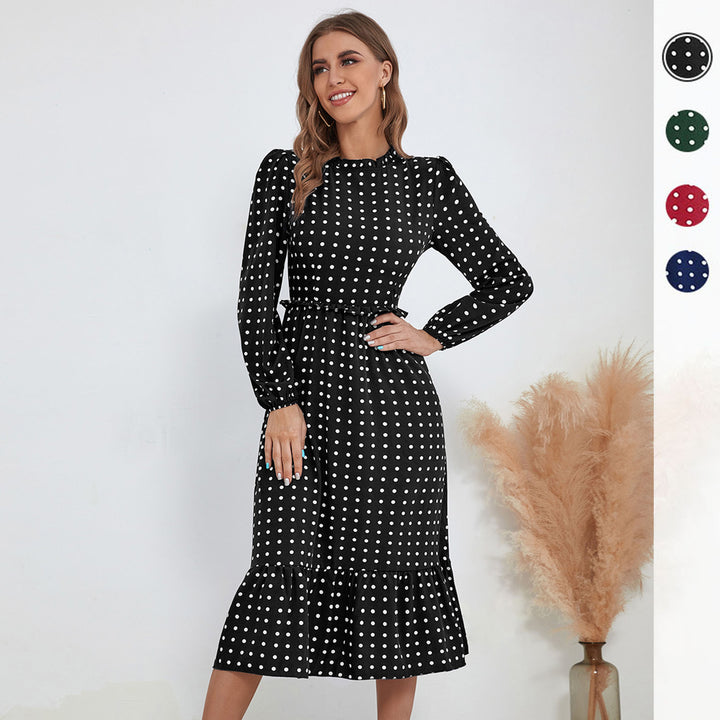 Damen Midikleid im Retro-Polka-Dot-Stil mit Stehkragen, taillierter Raffung und Volant Echoarchiv