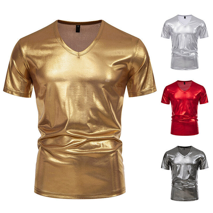 Herren V-Ausschnitt T-Shirt aus glänzendem Material mit persönlichem Stil Echoarchiv