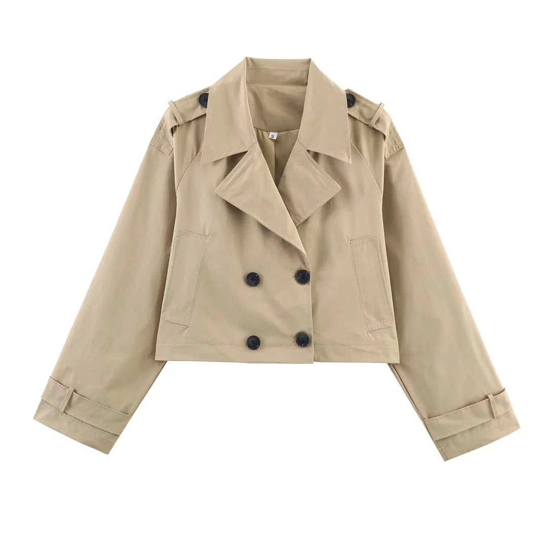 Damen cropped Trenchjacke mit doppelreihiger Knopfleiste, Schulterklappen und verstellbaren Manschetten – Célinea