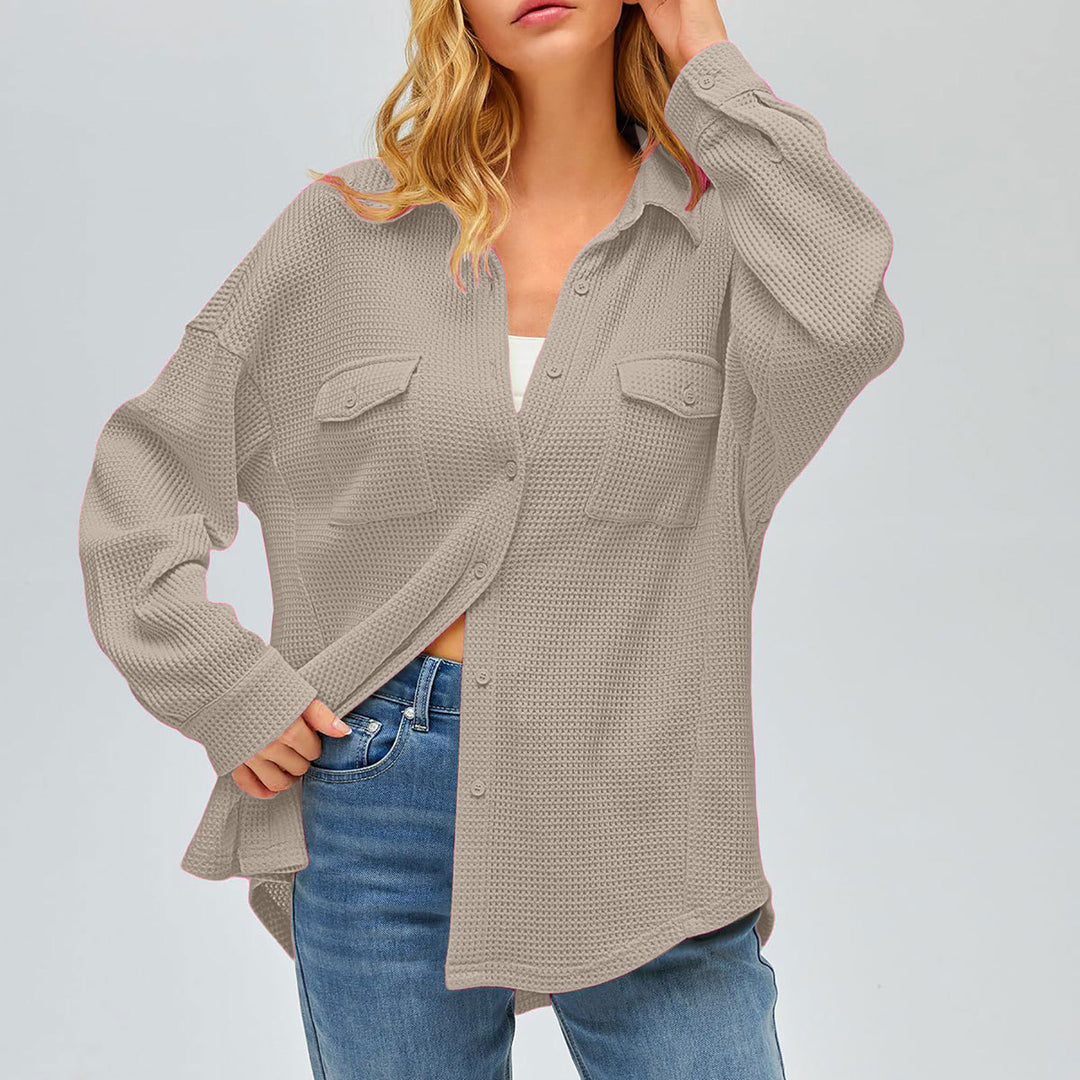 Damen nan oversized Waffelstrick Hemdjacke mit Brusttaschen und Knopfleiste Echo Archiv