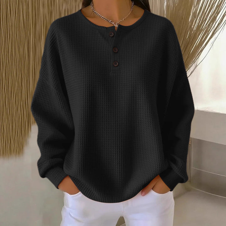 Damen nan Oversized Waffelstrick Henley-Pullover mit Knopfleiste und abgerundetem Saum Echo Archiv