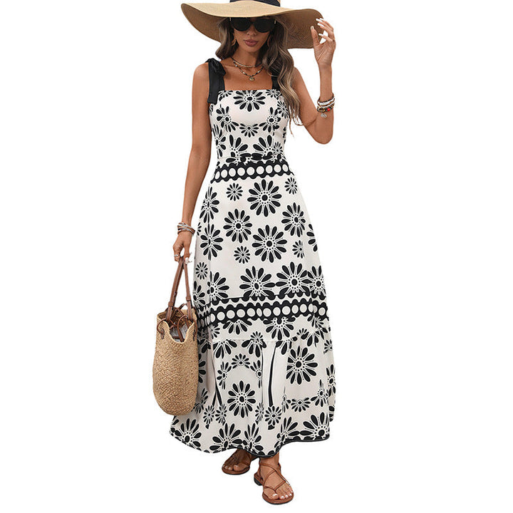 Damen Langes Maxikleid mit geblümtem Print, verstellbaren Schleifen-Trägern und taillierter Stufenrock‑Silhouette Echoarchiv