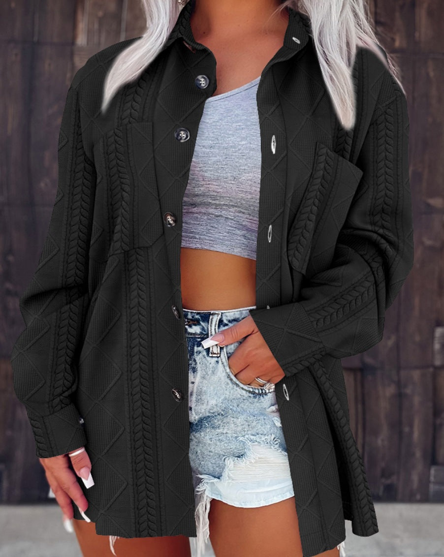 Damen Oversize Strick‑Hemdjacke mit Zopfstrick, Brusttasche und Knopfleiste Echoarchiv