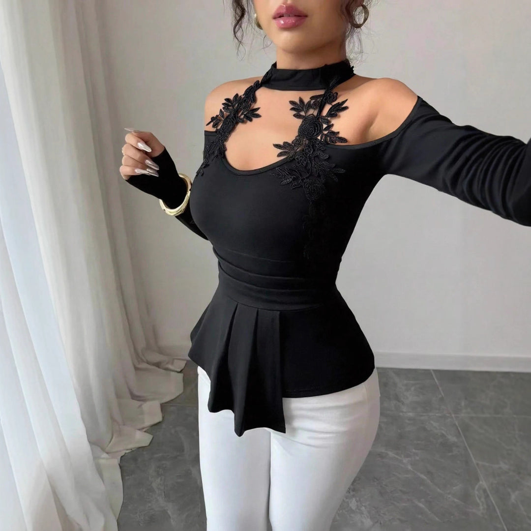 Damen nan schulterfreies Langarm-Top mit Chokerkragen, floralen Spitzenapplikationen und tailliertem Schößchen Echo Archiv