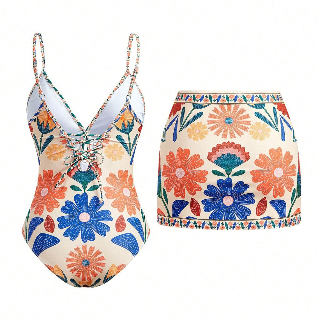 Damen Bikini-Set mit floralem Design und passendem Rock Echo Archiv