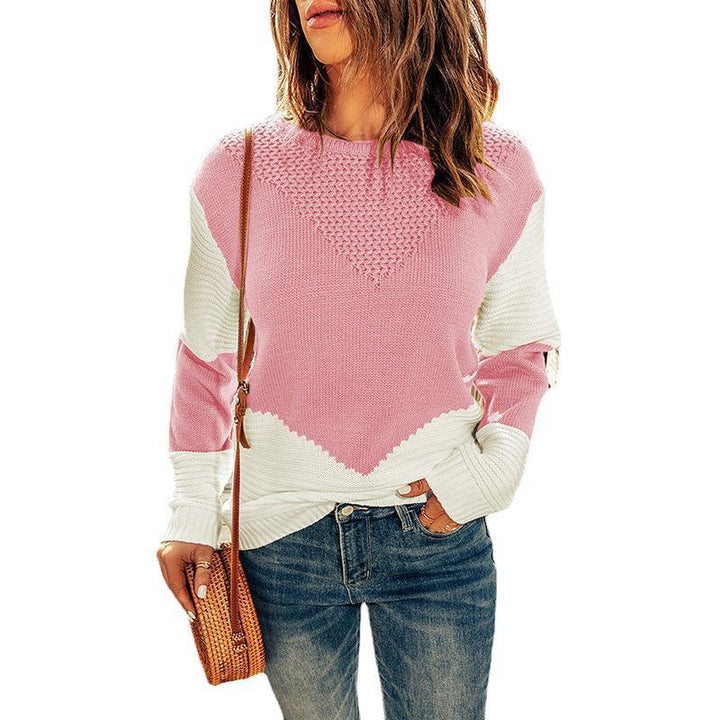 Damen Farbblock-Strickpullover mit strukturiertem Yoke und gerippten Ärmeln Echoarchiv