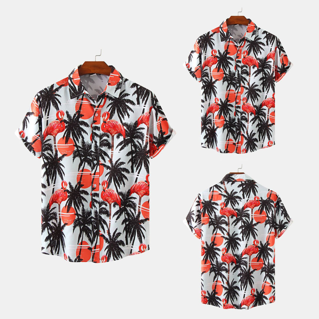 Herren Kurzarmhemd mit tropischem Flamingo-Print und leichtem Stoff Echoarchiv