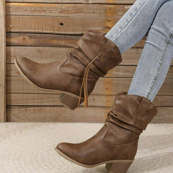 Damen kniehohe Fransen-Cowboystiefel mit feiner Perlenfransen-Verzierung und geformtem Blockabsatz Echo Archiv