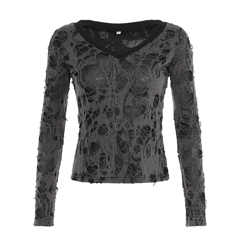 Damen nan transparentes Distressed-Spitzenshirt mit V-Ausschnitt, langärmeligem Layer-Look und innenliegendem Cami Echo Archiv