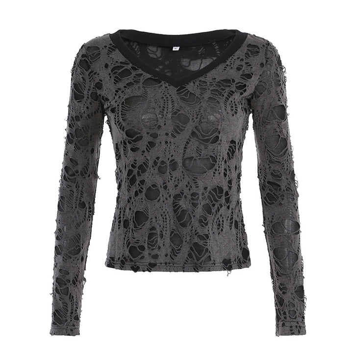 Damen nan transparentes Distressed-Spitzenshirt mit V-Ausschnitt, langärmeligem Layer-Look und innenliegendem Cami Echo Archiv