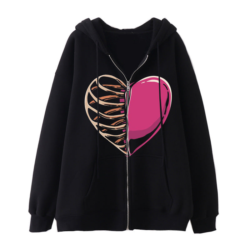 Damen Kapuzenjacke mit durchgehendem Reißverschluss und Rippenherz-Print – Auréline
