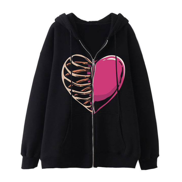 Damen Kapuzenjacke mit durchgehendem Reißverschluss und Rippenherz-Print – Auréline