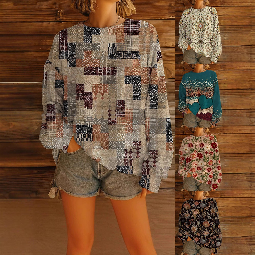 Damen Geblümter Oversize-Sweatshirt-Pullover mit Rundhals und Ballonärmeln – Avérine