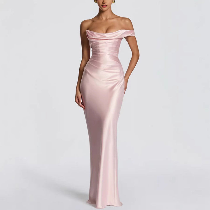 Damen Elegantes Maxikleid mit asymmetrischem Oberteil und fließendem Satin Echoarchiv