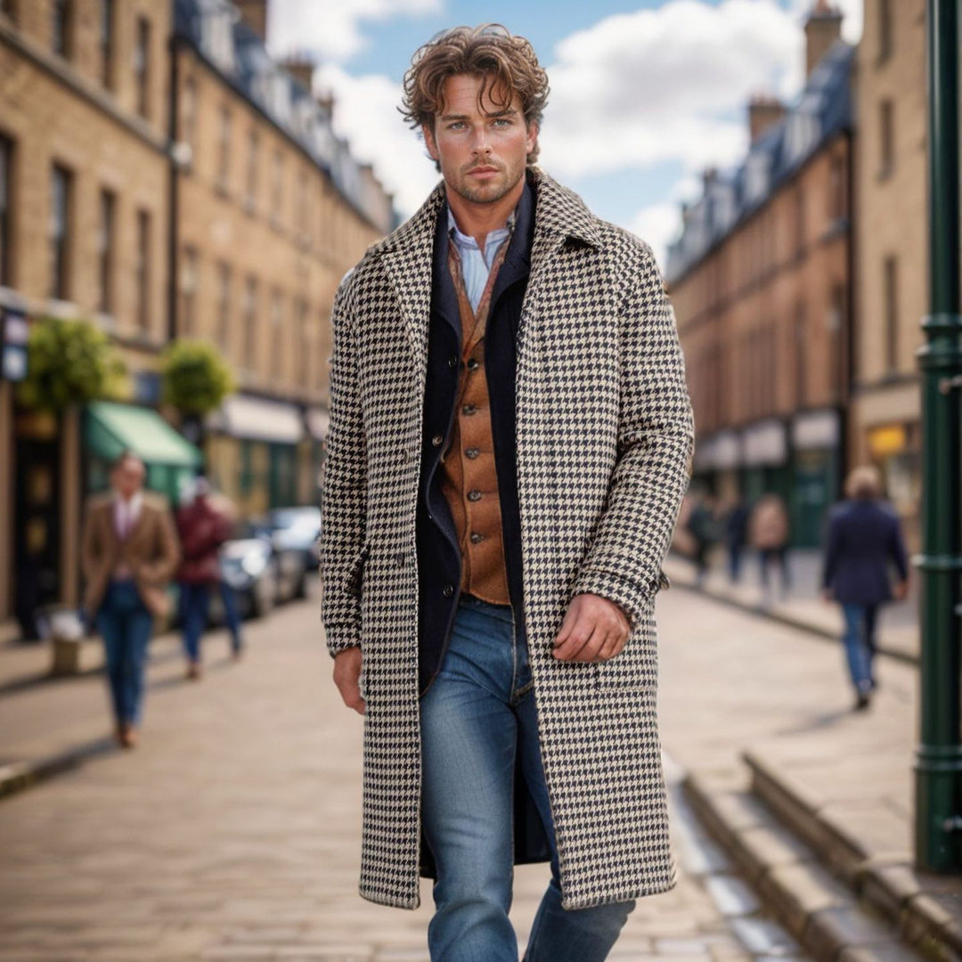 Herren eleganter Karomantel mit strukturiertem Design und praktischen Taschen Echoarchiv