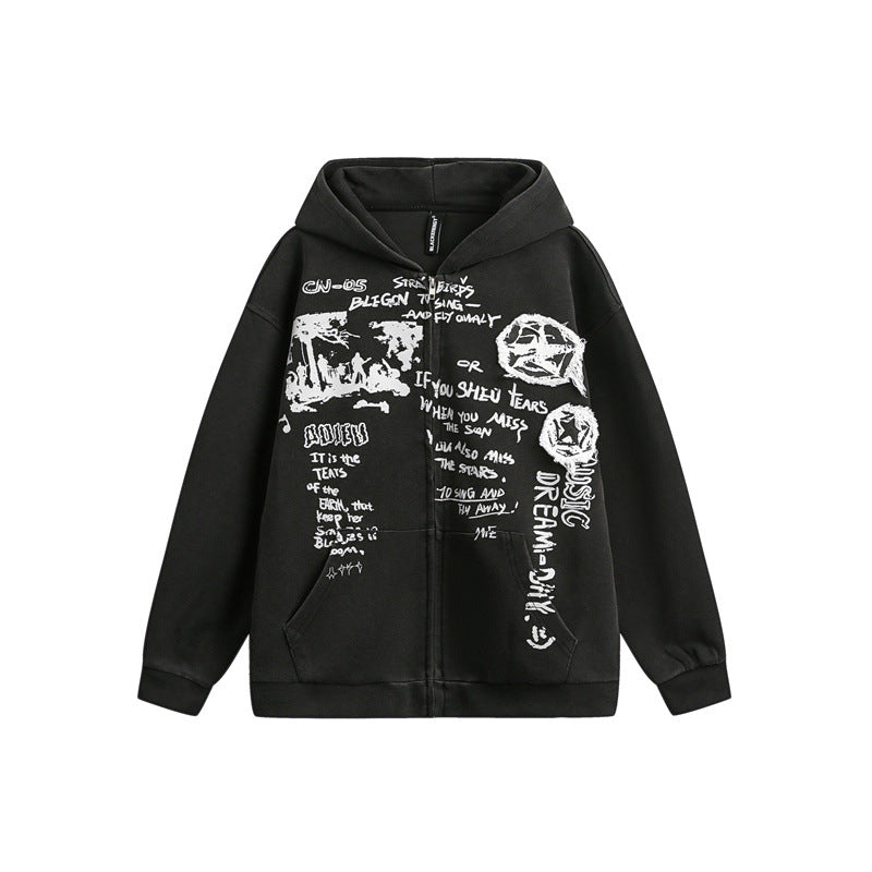 Unisex Oversize-Kapuzenzipjacke mit künstlerischem Schriftprint Echoarchiv