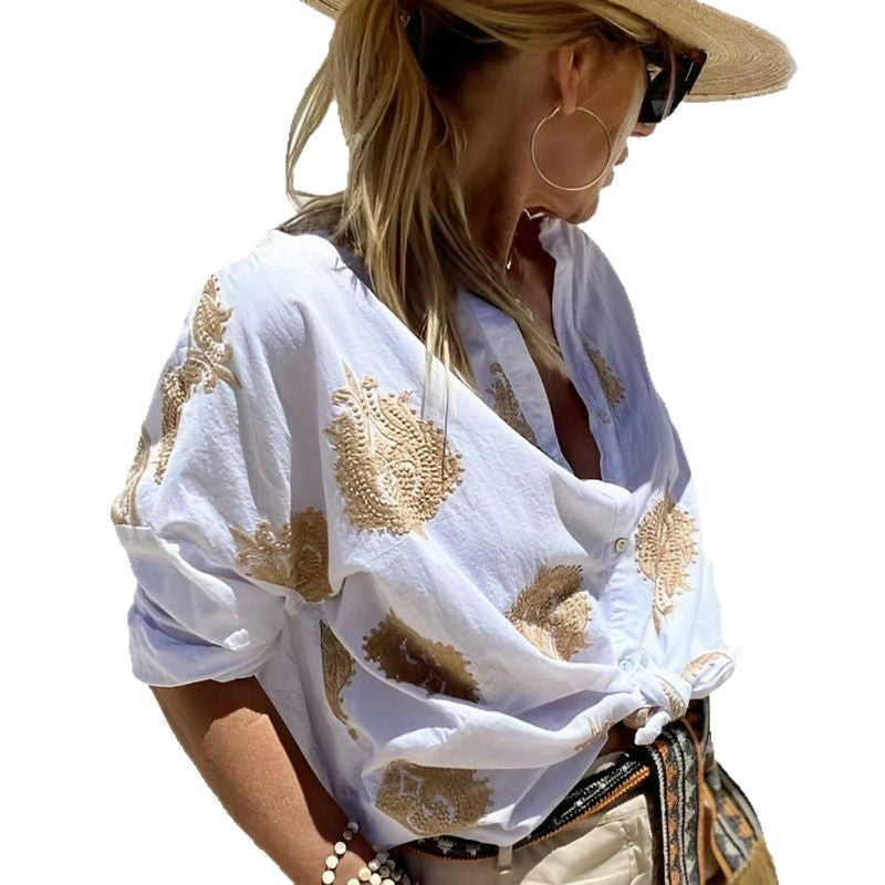 Damen nan Oversize-Hemdbluse mit Knotenfront und Paisley-Stickerei Echo Archiv