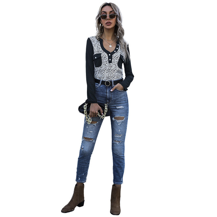 Damen Langarmshirt im Animal-Print mit kontrastierenden Ärmeln, Knopfleiste und Brusttaschen Echoarchiv