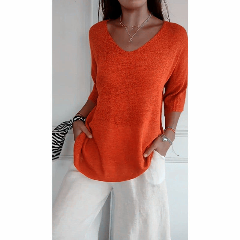 Damen nan locker sitzender V-Ausschnitt Feinstrickpullover mit dreiviertelÄrmeln Echo Archiv