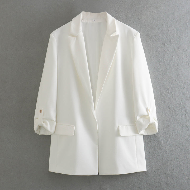 Damen unstrukturierter Longblazer mit kastigem Schnitt, krempelbaren Ärmeln und Paspelklappen – Célinea