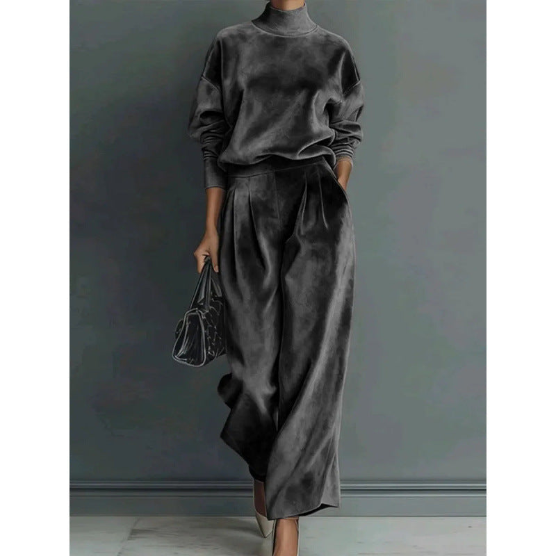 Damen Zweiteiliges Samt-Loungewear-Set mit Stehkragen und Plissee-Palazzohose – Élanora