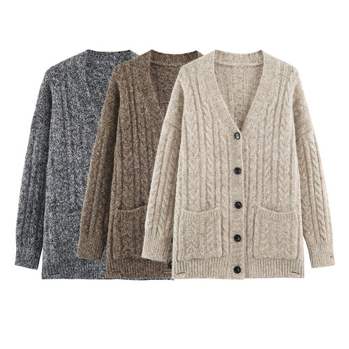 Damen Grobgestrickter Oversize-Cardigan mit Zopfstrick V-Ausschnitt und aufgesetzten Taschen Echoarchiv