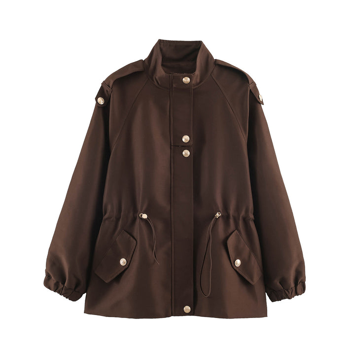 Damen Kurzjacke im Utility‑Stil mit Tunnelzug, Raglanärmeln und Metallknopfleiste Echoarchiv
