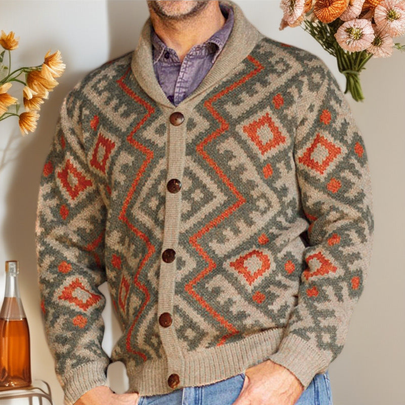 Herren Strickjacke mit traditionellem geometrischen Muster und warmem Schalkragen Echoarchiv