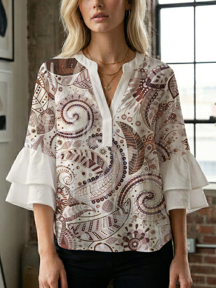 Damen Bluse mit voluminösen Rüschenärmeln und kreativem Floraldesign Echo Archiv
