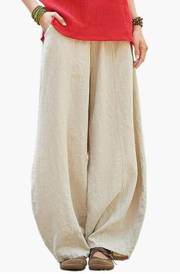 Damen weite Leinenhose mit elastischem Bund und praktischen Taschen Echoarchiv