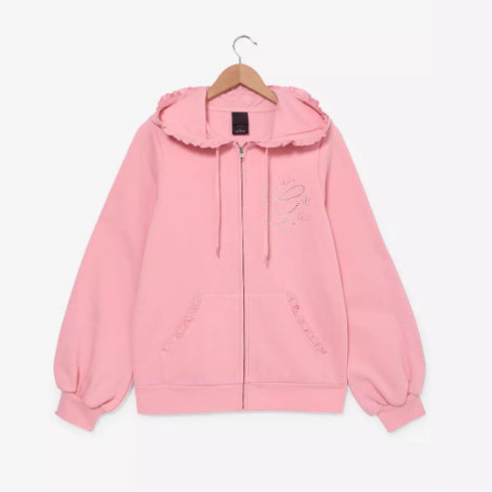 Damen nan Rüschen-Kapuzen-Sweatjacke mit Ballonärmeln und Strasslogo Echo Archiv