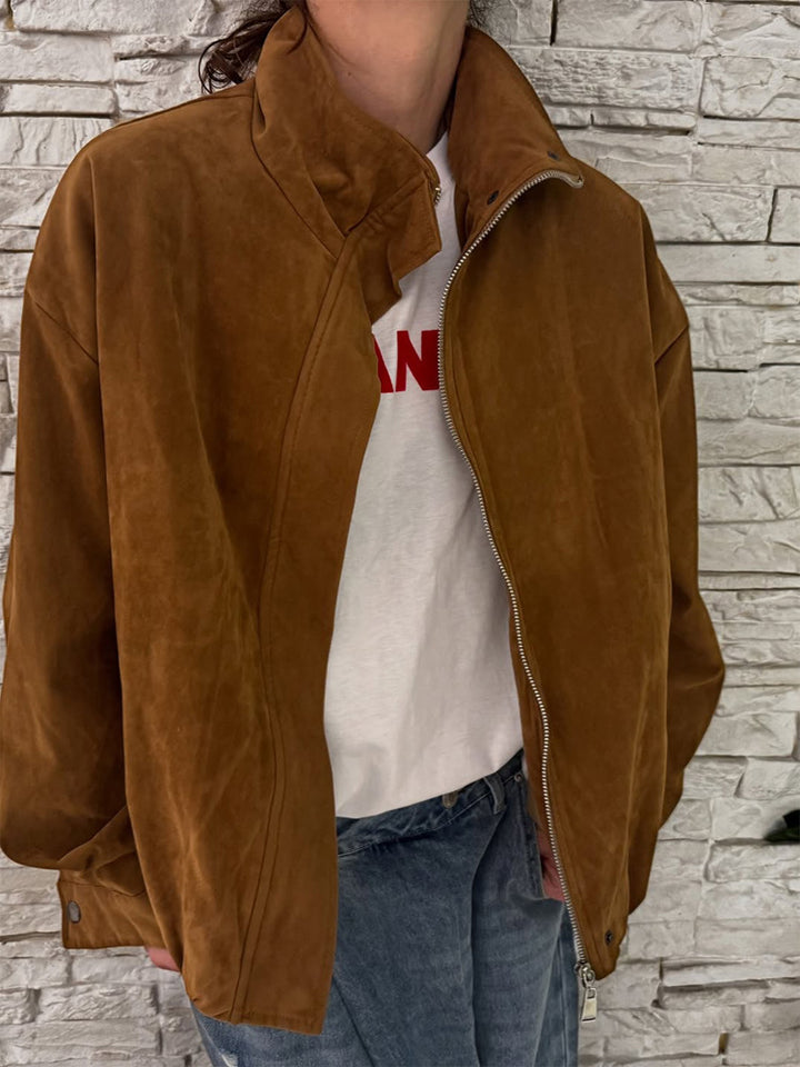 Damen Oversize Veloursleder-Blouson mit hohem Stehkragen und Metallreißverschluss Echoarchiv