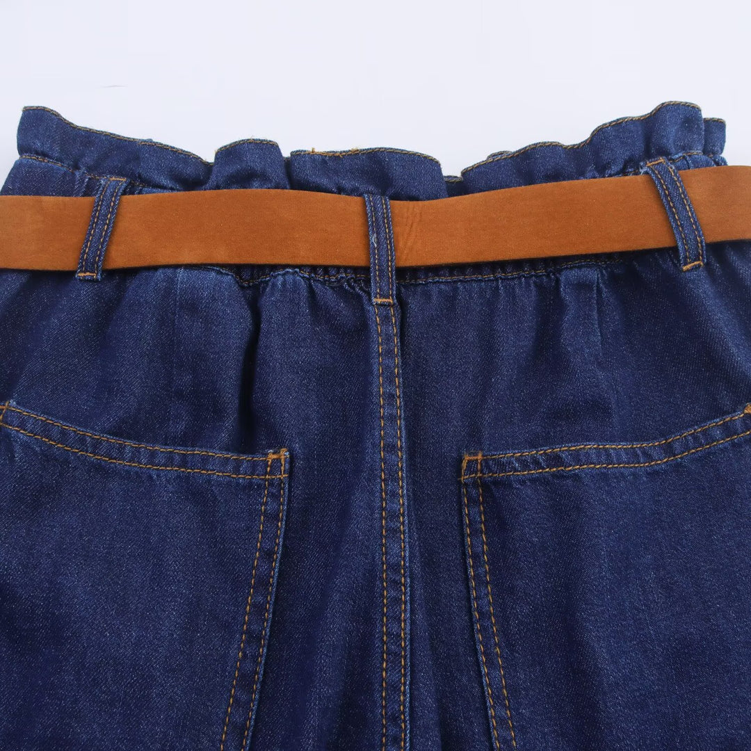 Damen Denim-Shorts mit hochwertigem Ledergürtel und elastischem Bund Echo Archiv