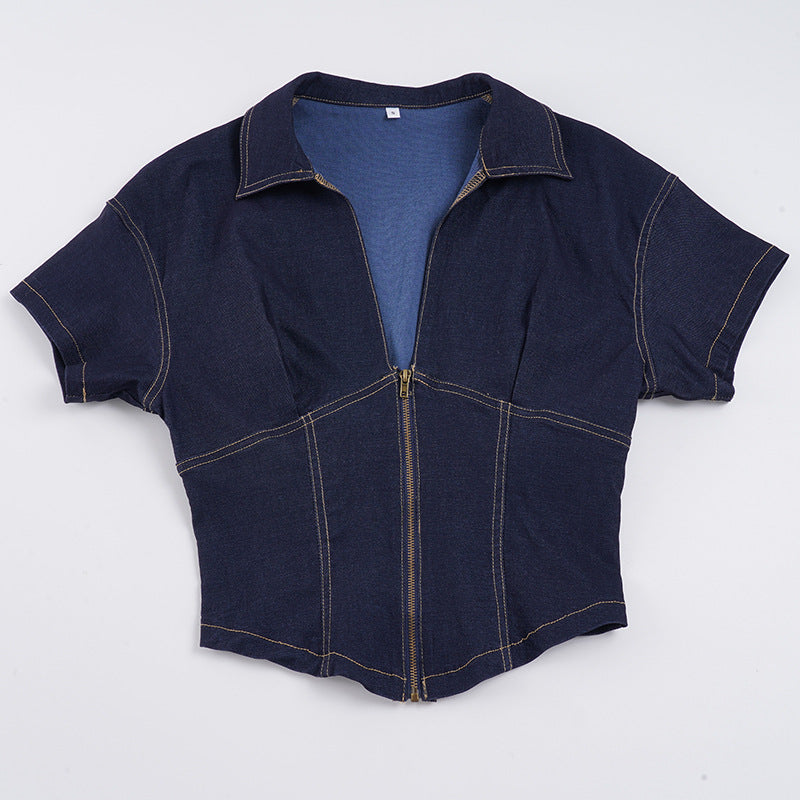 Damen Kurzarm Denim-Jacke mit teilbarem Reißverschluss und modischem Schnitt Echo Archiv