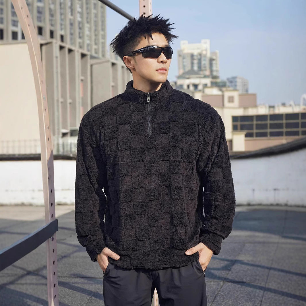 Herren Fleece-Pullover mit strukturierter Oberflächenstruktur und stehender Kragen Echoarchiv
