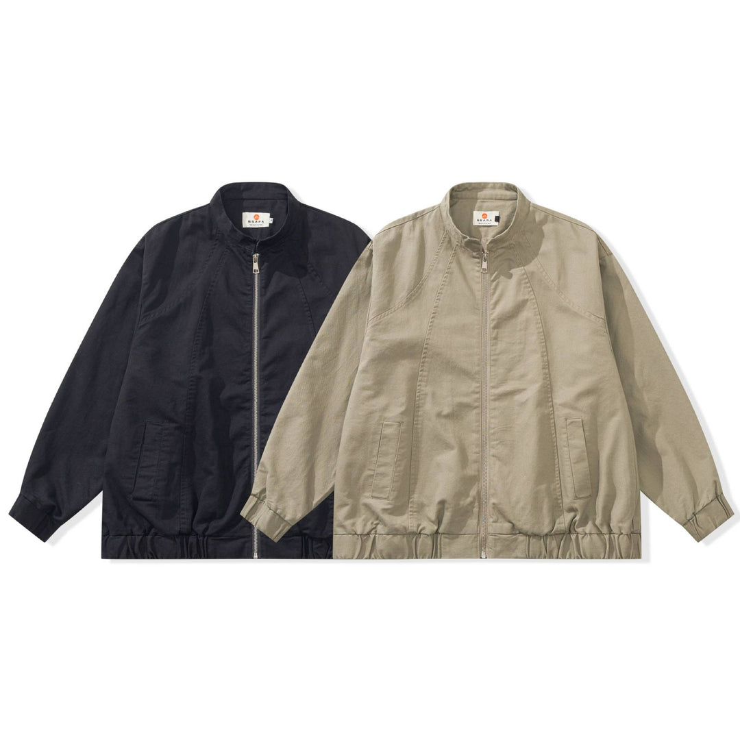 Unisex Kastig geschnittene Canvas‑Zipjacke mit Stehkragen, Tunnelzugsaum und Utility‑Taschen Echoarchiv