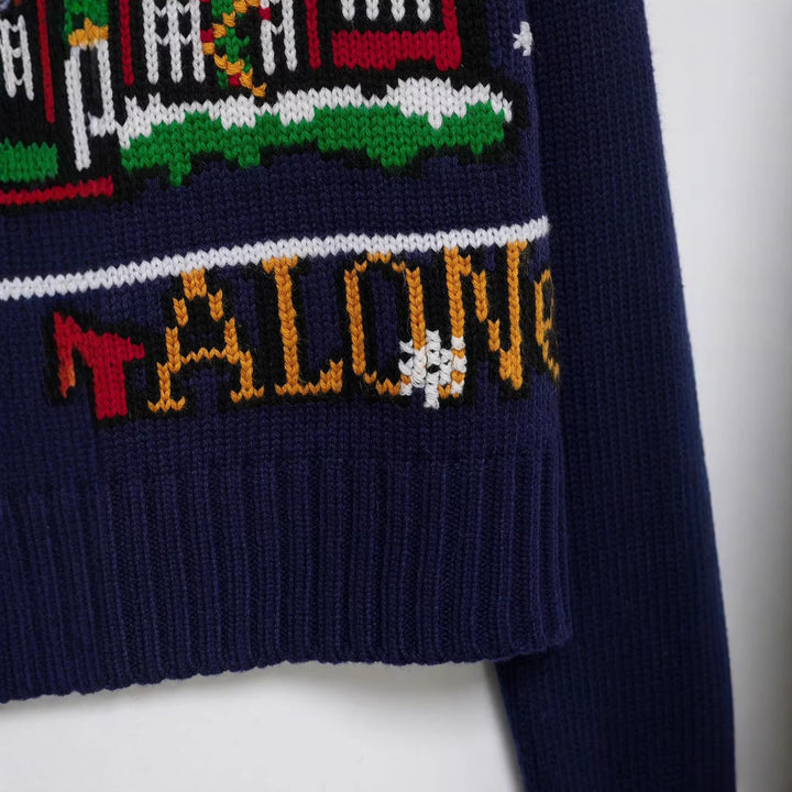 Damen Cropped-Weihnachtspullover mit Intarsia-Hausmotiv und Rundhalsausschnitt Echoarchiv