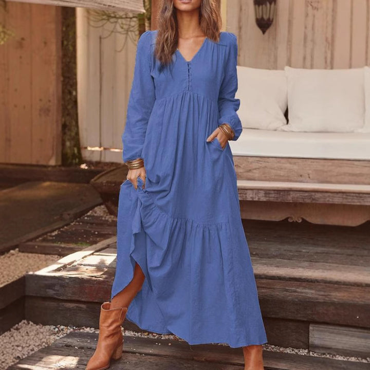 Damen nan luftiges Maxikleid mit V-Ausschnitt, langen Ärmeln und seitlichen Taschen Echo Archiv